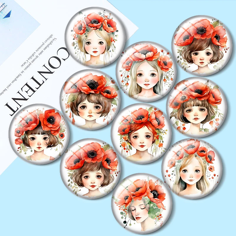 

Cartoon Flower Girl 10pcs 12mm/18mm/20mm/25mm Round photo glass cabochon demo flat back Making findings