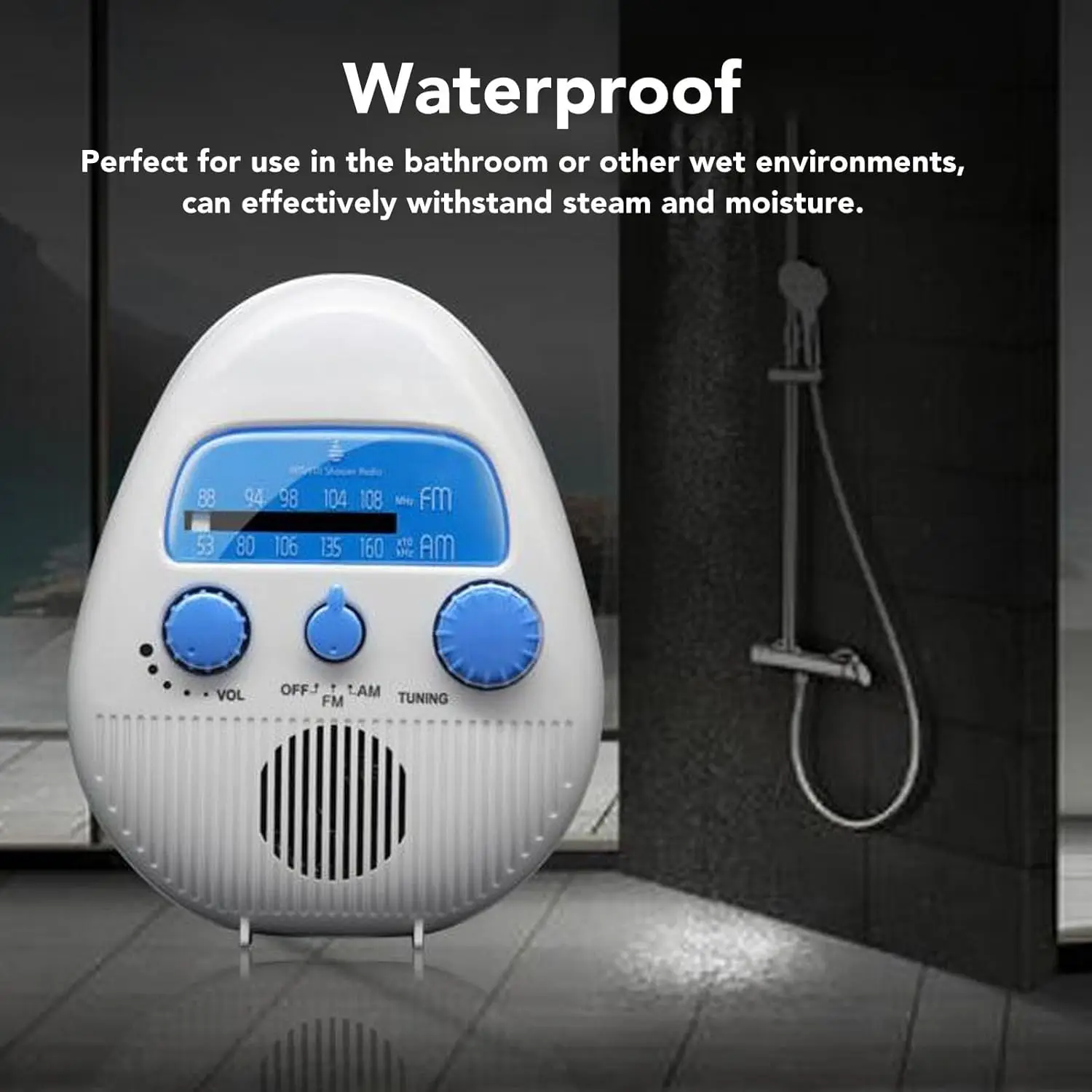 Waterproof Shower Radio, Splash-proof AM-FM Radio with Rotary Knob for Use in the Bathroom Outdoors, Built-in Speaker, Effective