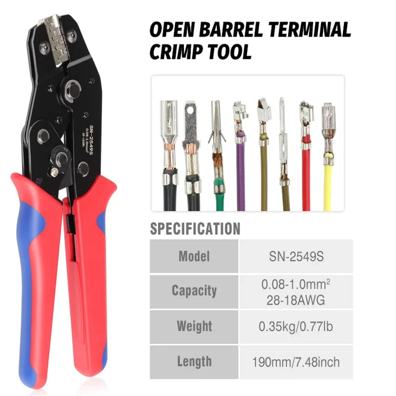 Crimping Tools For PH2.0/XH2.54/2.8/3.0/3.96/KF2510/JST Terminal SN-2549S 0.08-1.0mm²/AWG28-18 Wire Ratcheting Pliers