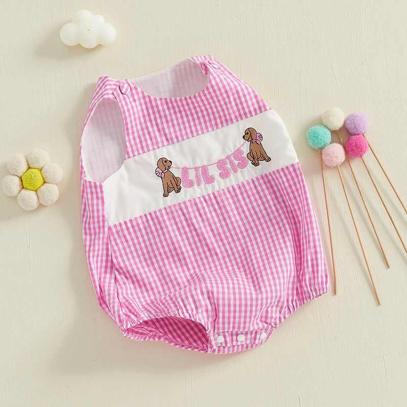 0-24Months Newborn Baby Girl Romper Summer Sleeveless Round Neck Dog Embroidery Plaid Print Jumpsuit Infant Bodysuits Clothes