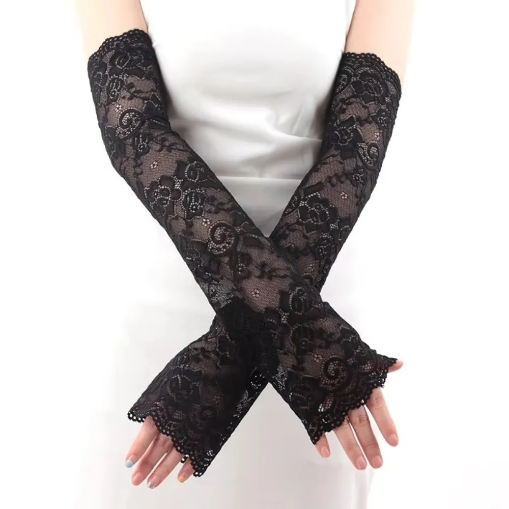 

Mesh Lace Sun Protection Arm Sleeves Breathable Elastic Sleeve Fingerless Long Sunscreen Floral Embroidery