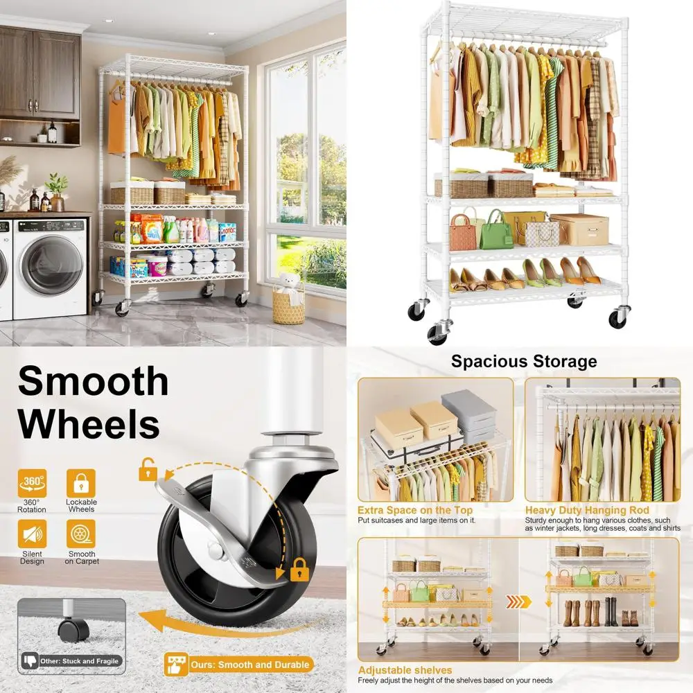 

4-Tier Heavy Duty Portable Garment Rack with Wheels, White, 35.5L x 15.8W x 80.5H, Holds Up to 445 lbs