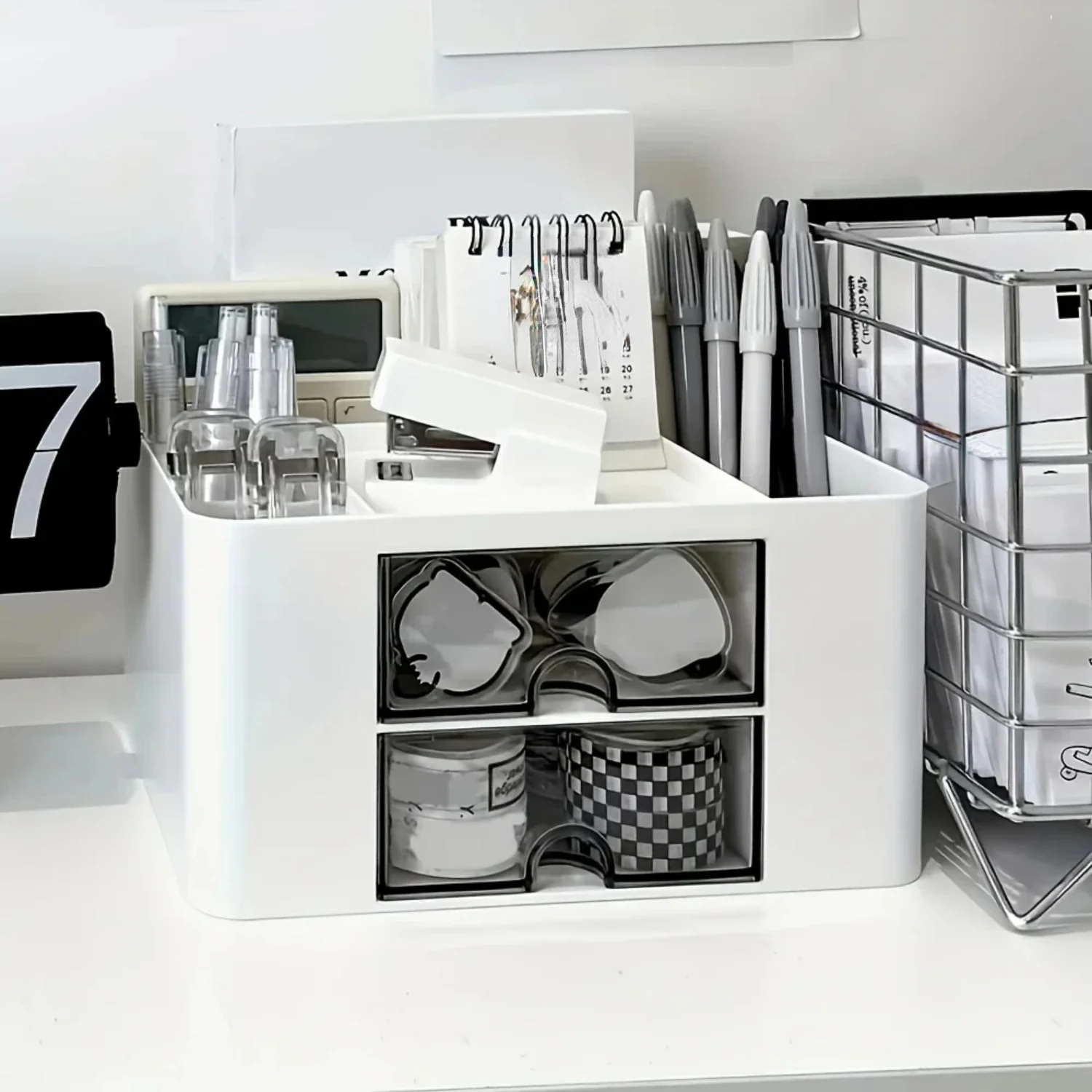 Desktop Stationery  Box Multifunction Desktop  Box With Drawer Makeup Organizer Makeup Brush Pen Holder