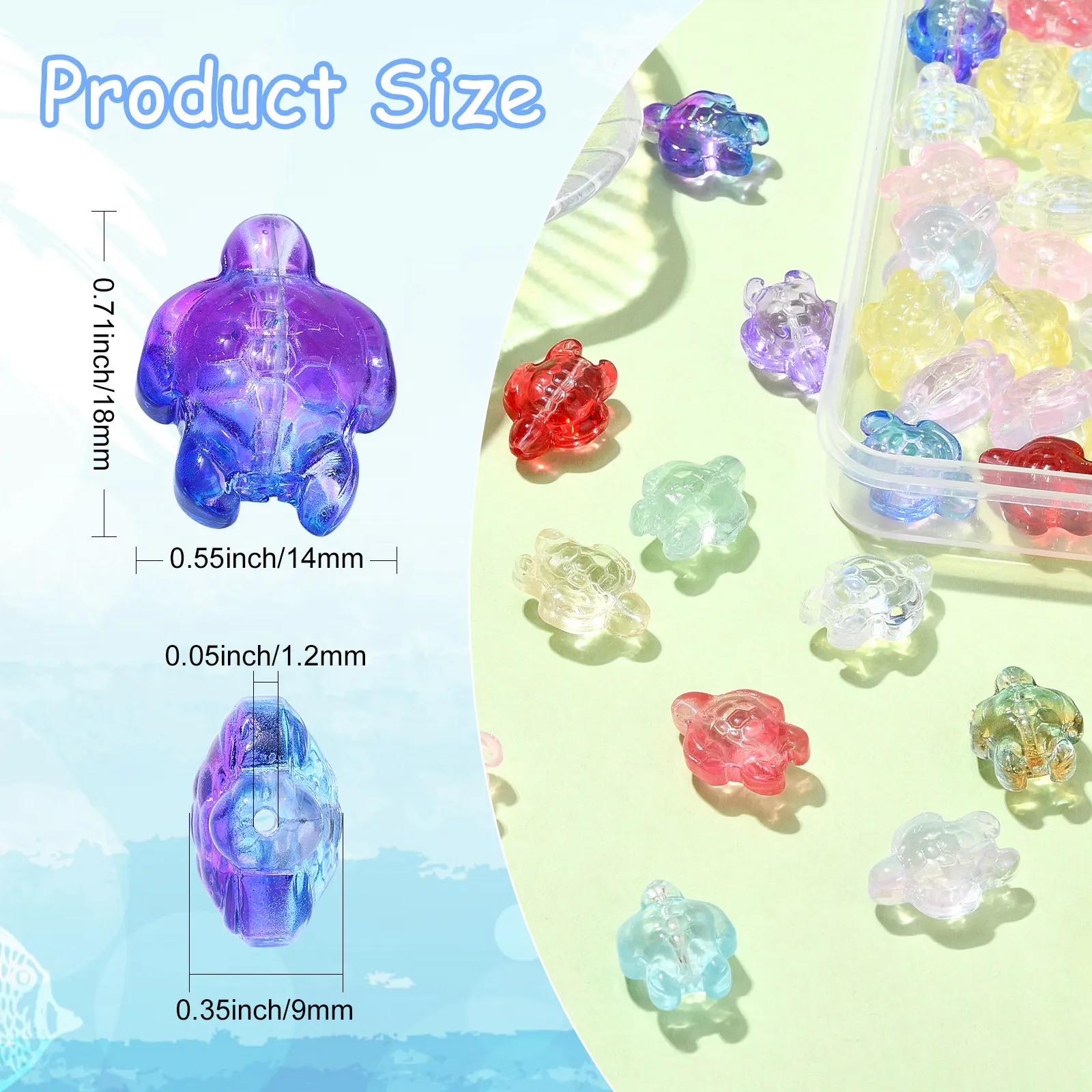 Pandahall 100Pcs Random Sea Turtle Beads Colorful Tortoise Beads Ocean Animal Transparent Glass Beads for DIY Jewelry Making