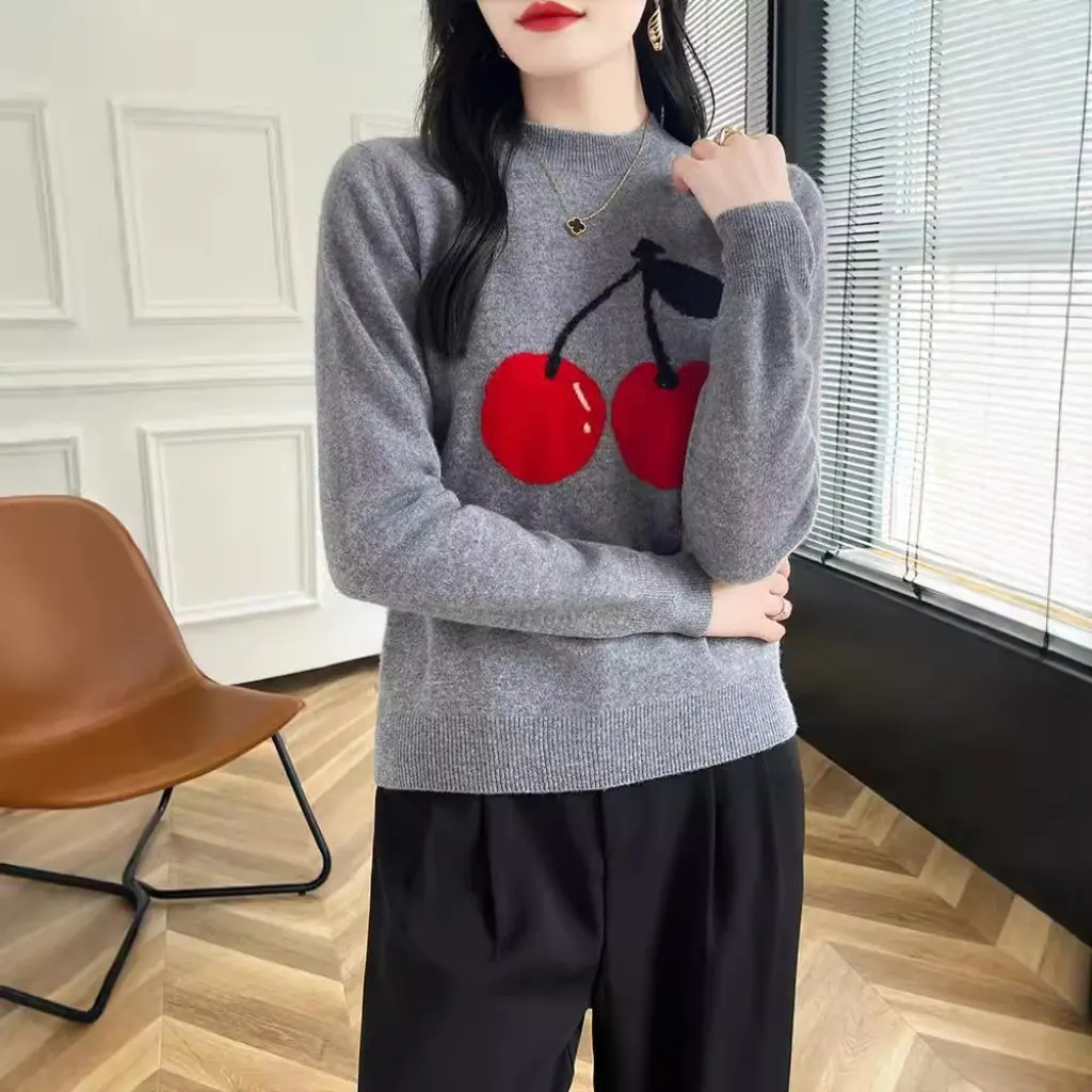 

Women's Autumn Winter Wool Sweater Cherry Embroidered Crewneck Loose Knitted Top All-match Commuter Cashmere Sweater