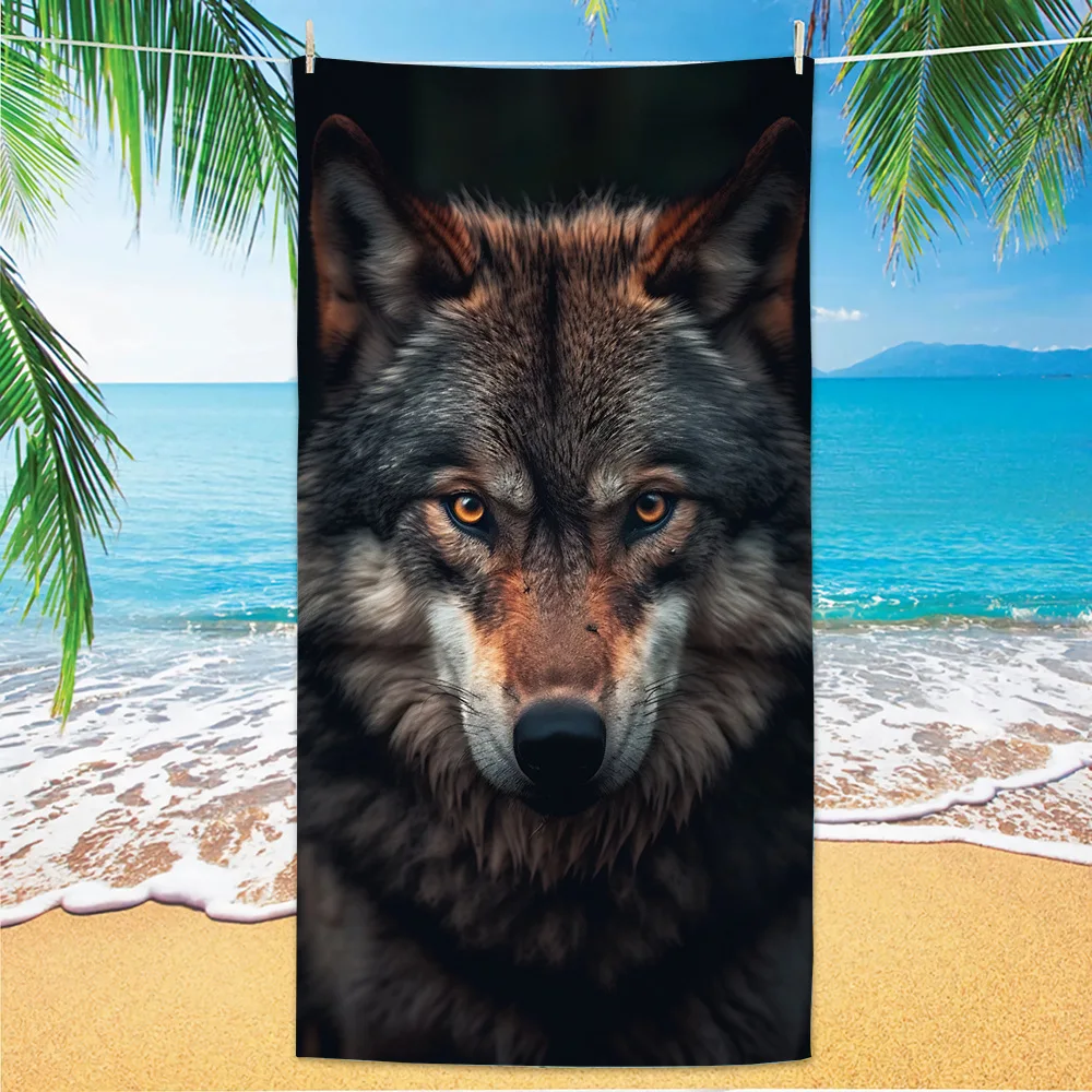 Wolf Print Beach Towel, Moonlit Forest & Howling Wolf Design, Soft Microfiber Quick Dry Bath Towel for Swimming Yoga Travel