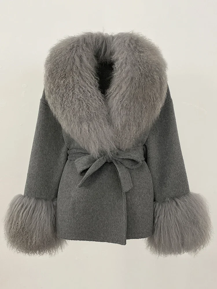 New 2025 Lady Fashion Real Fur Cuffs Coat Winter Clothing Women Wool Clothes Natural Mongolia Sheep Fur Woolen Jacket Female