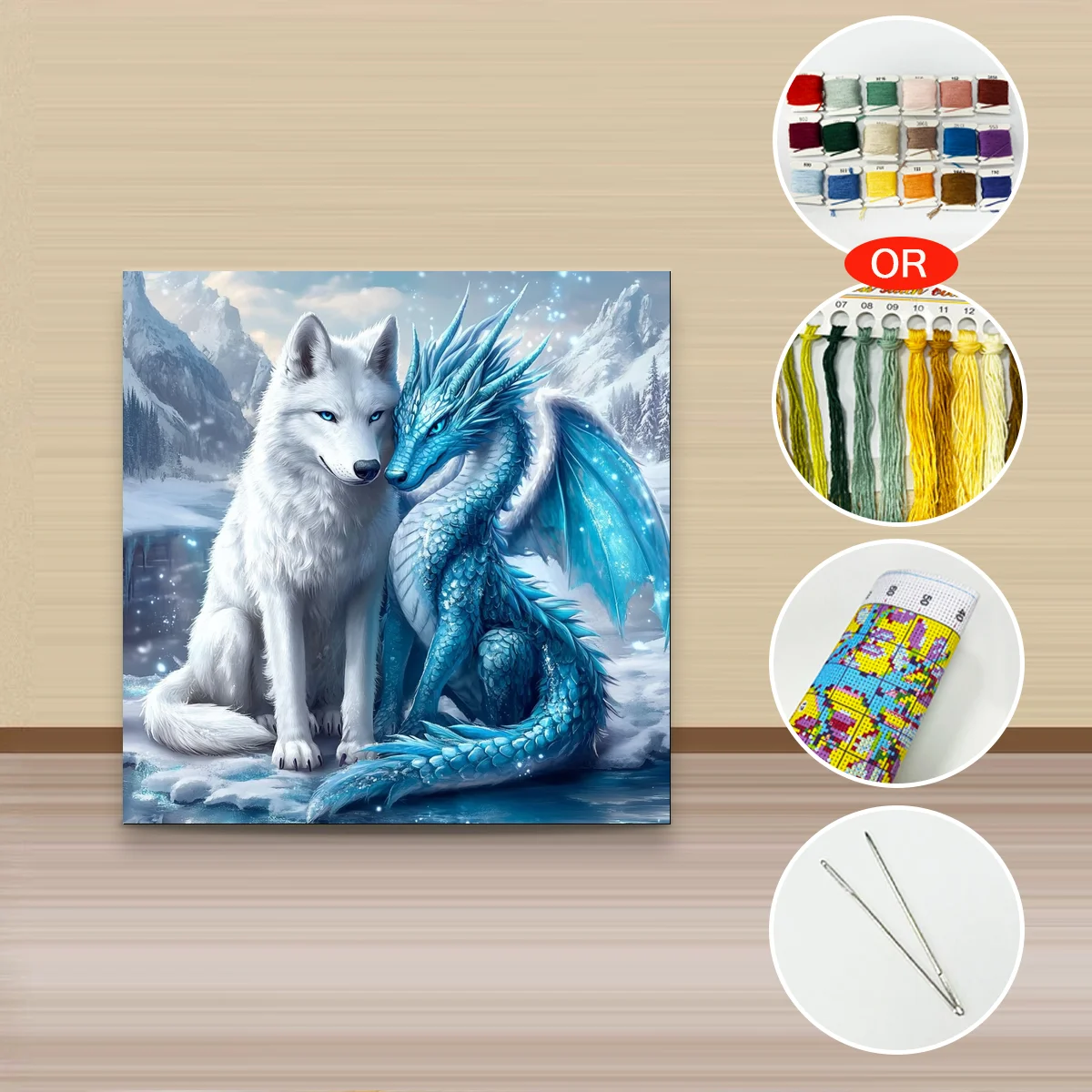 1 Stück 30x30 cm/11,8 Zoll, 11Ct/14Ct Kreuzstich-Set, DIY Valentinstagsgeschenk, Stickerei-Set für Festlichkeiten, Weißer Wolf und Eisdrache – Detail 3