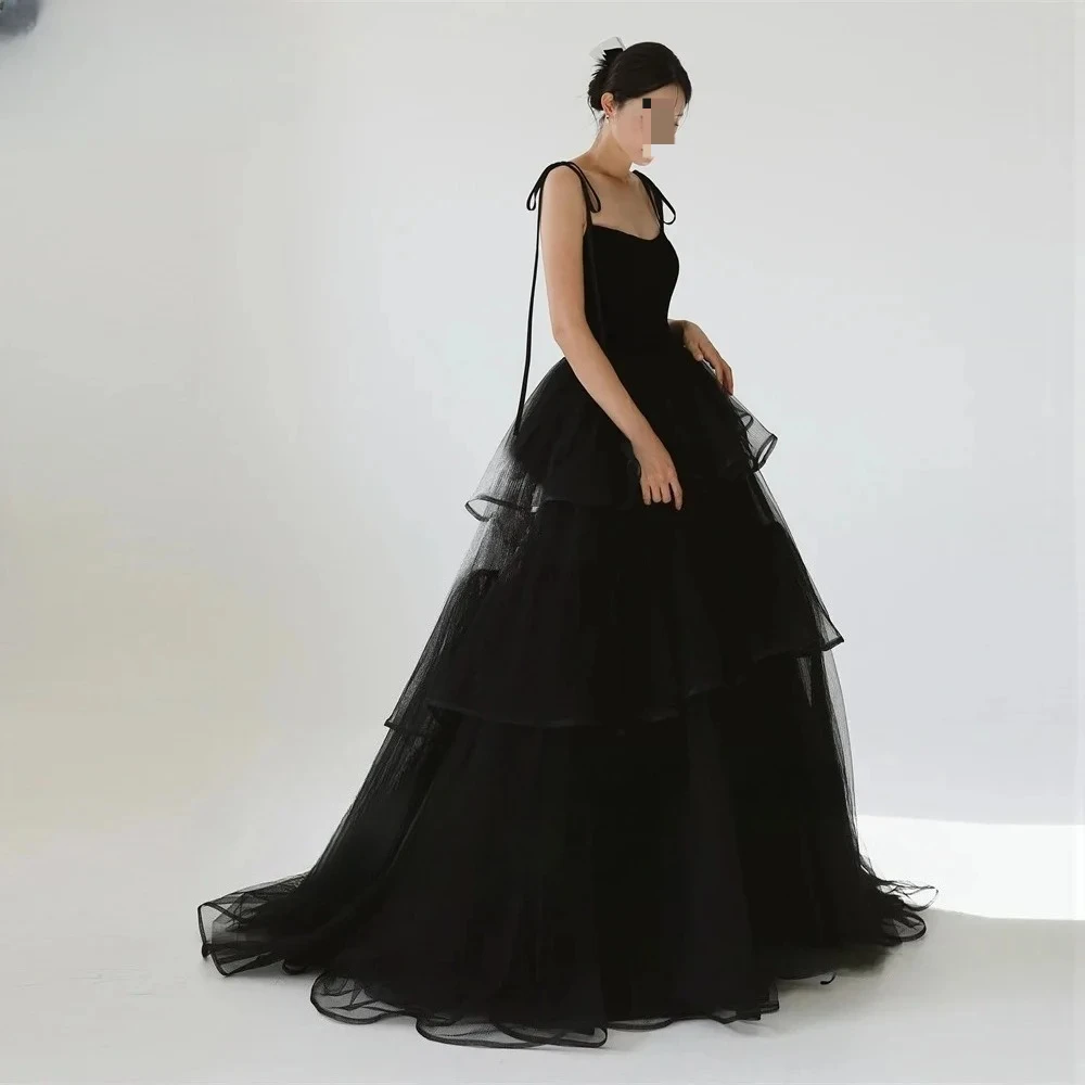 

Tulle Tiered Evening Dresses Korea Black Wedding Party Layered Photo shoot Spaghetti Straps Floor Length Bride Gowns Corset Back