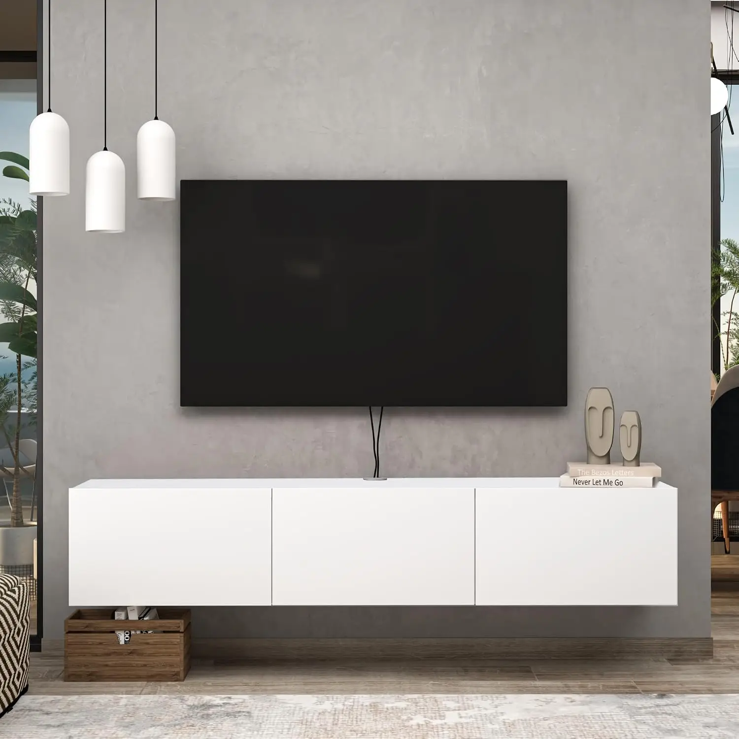 White Floating TV Console Wall Mounted TV Stand For Up To 75 Inch TV Entertainment Center With Shelf, Customized