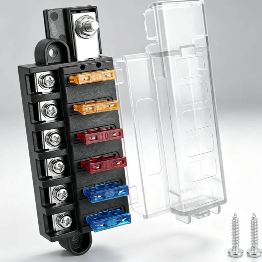 6-Way Automotive Fuse Box (with Transparent Waterproof Cover), Blade-Style Fuse Holder, for Automotive and Marine Use