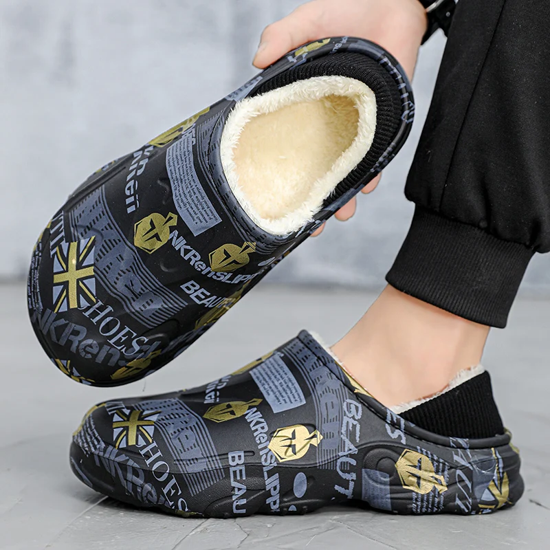 Fashion Winter Fur Slippers for Men Warm Indoor Cotton Shoes Waterproof Outdoor Garden Shoes Slip On Clogs Half Slides Sandals