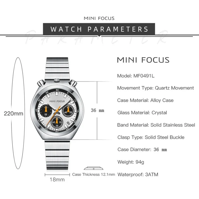 MINI FOCUS 0491 Zegarek kwarcowy dla kobiet Moda Pasek ze stali nierdzewnej Świecące wskazówki Data Chronograf Luksusowy damski zegarek na rękę