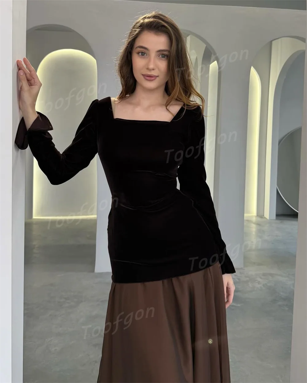 Toofgon A Line Square Neck Prom Dresses Customized Long Sleeve Pleated Women Formal Evening Gowns Chiffon Party Girls Dance Gown