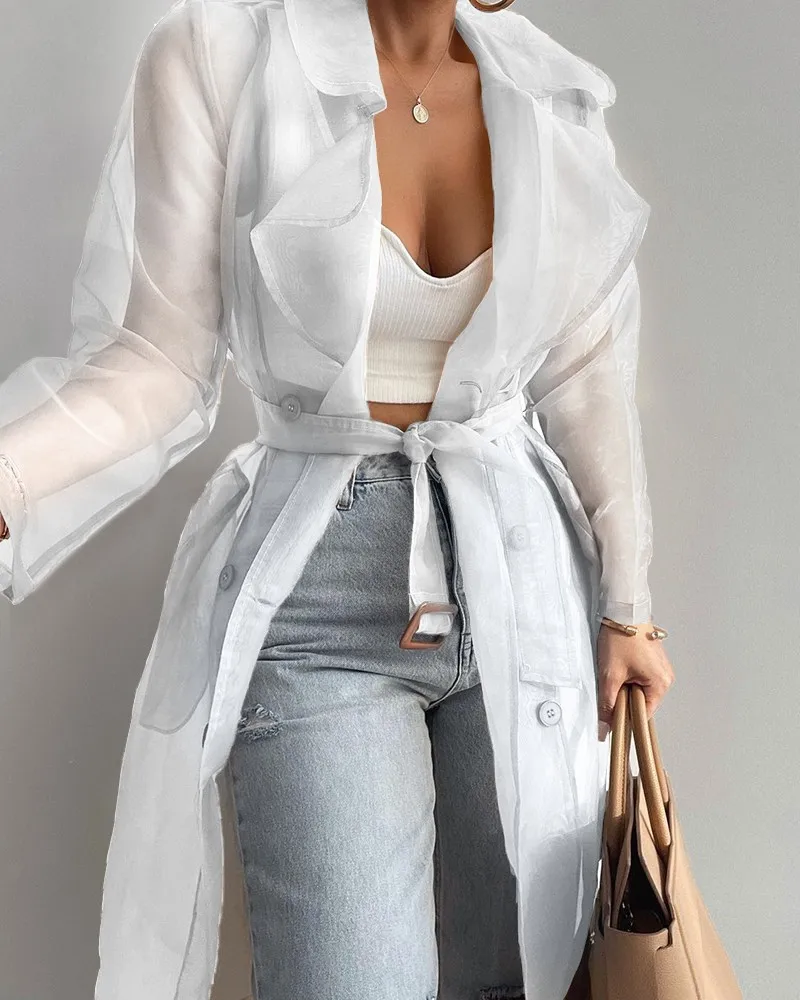 Transparent Waist Belt With Clear Chiffon Trench Coat Women Fashion Windproof Coats Coat Proetction