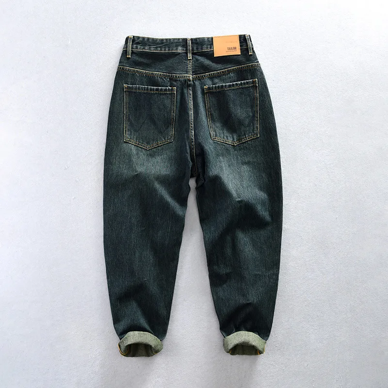 1022 Men Vintage Casual Jeans Dark Green Straight Streetwear Denim Pants Youth Comfortable Cotton Blended Classic Daily Trouser