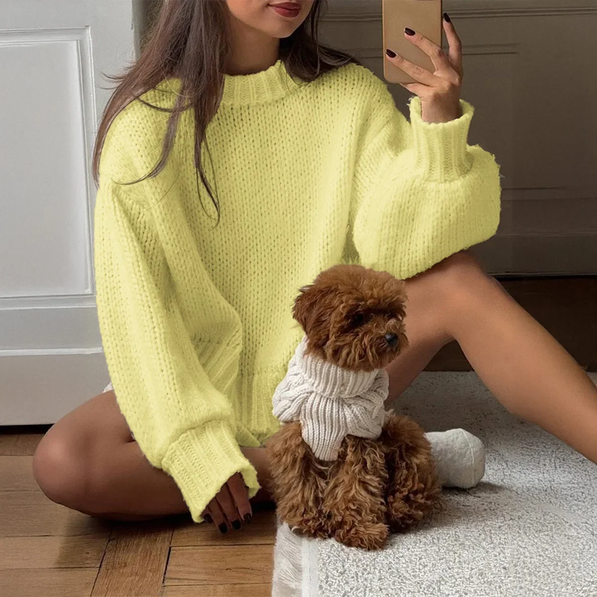 Sweter damski casualowy z okrągłym dekoltem i długim rękawem, jesienny top w stylu koreańskim, rozmiar M