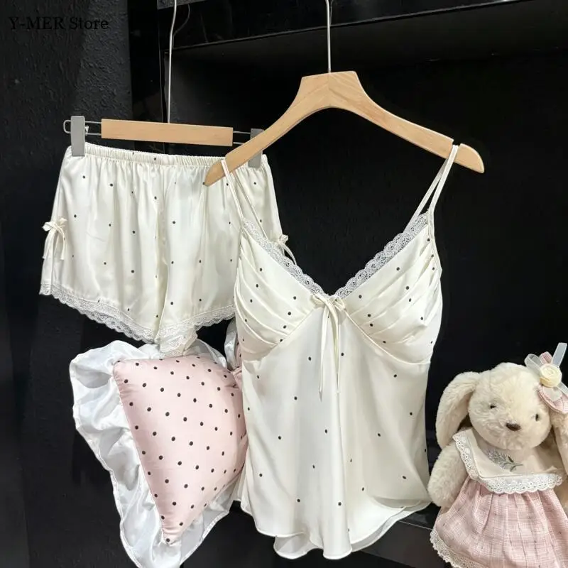 

Роскошный комплект для сна: топ-камисоль и шорты из ледяного шелка с кружевной отделкой, сексуальная домашняя одежда для женщин, летний/весенний новый комплект для отдыха, пижама с открытой спиной
