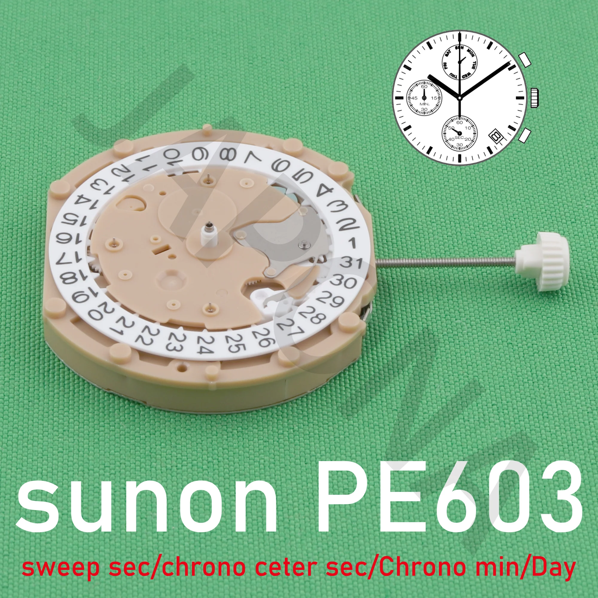 PE603 Movement china SUNON PE60 movement Quartz Watch sweep second chronograph 6hands chrono center second/Chrono min/Day/Date