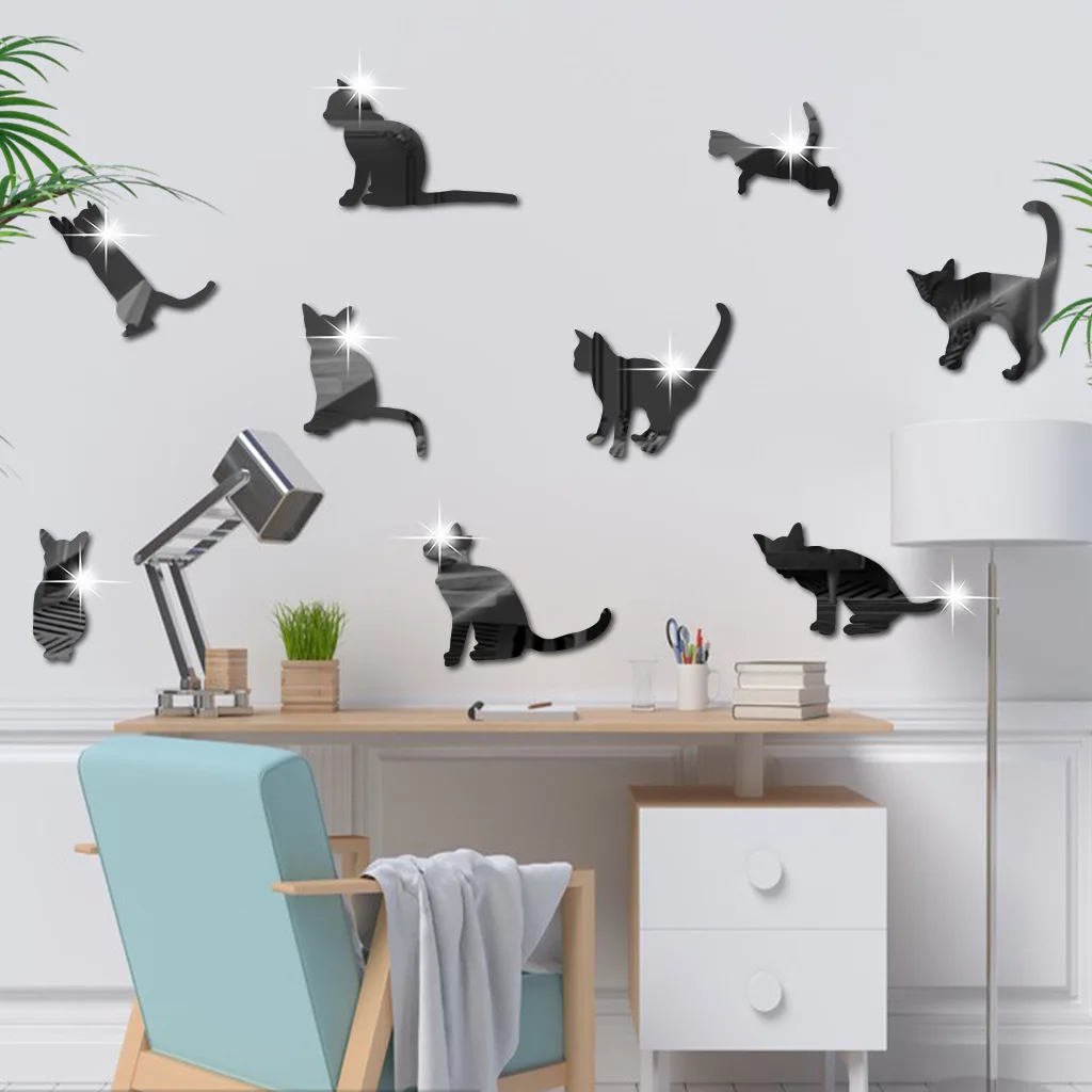 

Cat Acrylic Wall Mirror Stickers Bedroom Wallpaper Background Wall Stickers Wall Beautification Household Goods 9 pcs