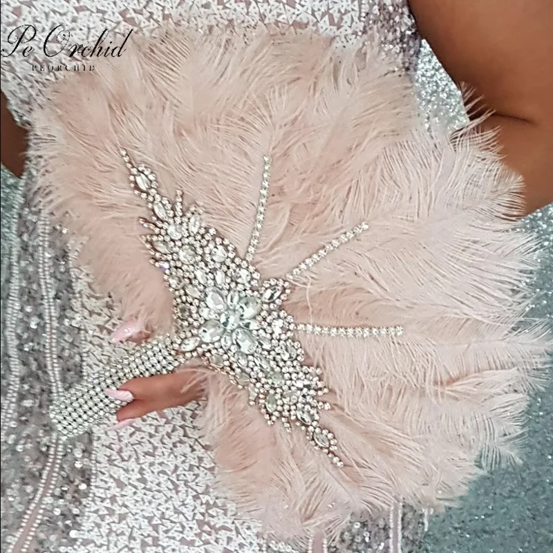 

PEORCHID Blush Pink Feather Fan Wedding Bouquet Custom Made Brooch Bridal Bouquet Great Gatsby Style 1920's Art Deco Ramo Novia