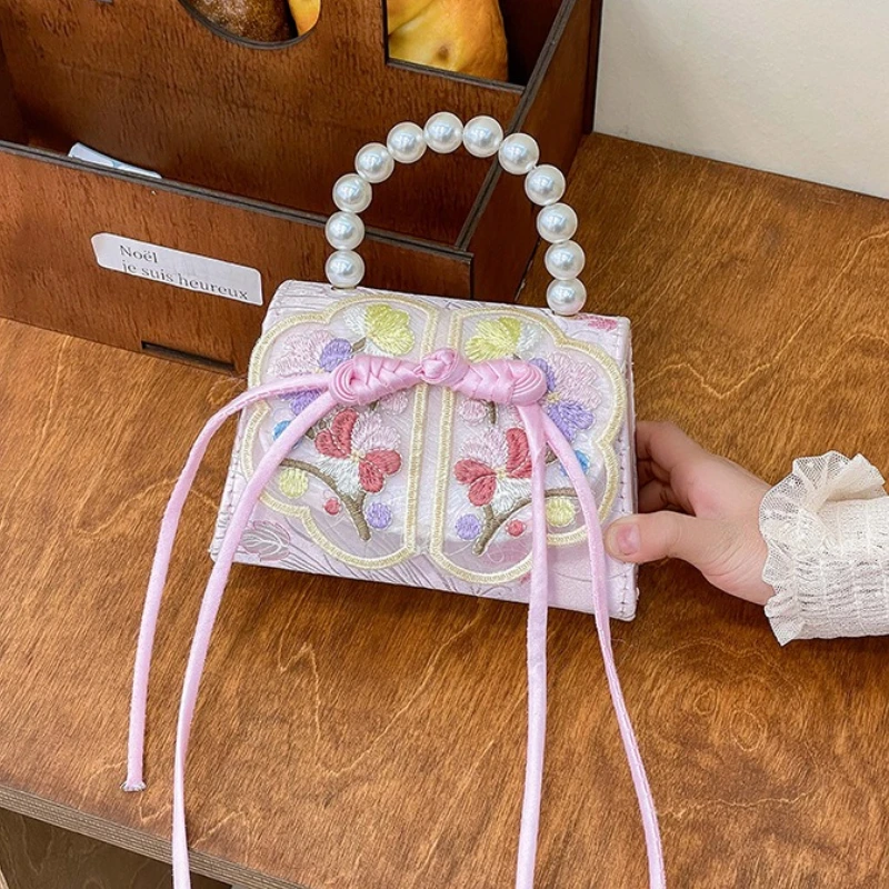 حقائب يد للأطفال بسلسلة بمقبض لؤلؤي، حقيبة كروس للأميرة للبنات مطرزة بالزهور الصينية الجديدة، حقائب كتف للأطفال من الدانتيل الحلو