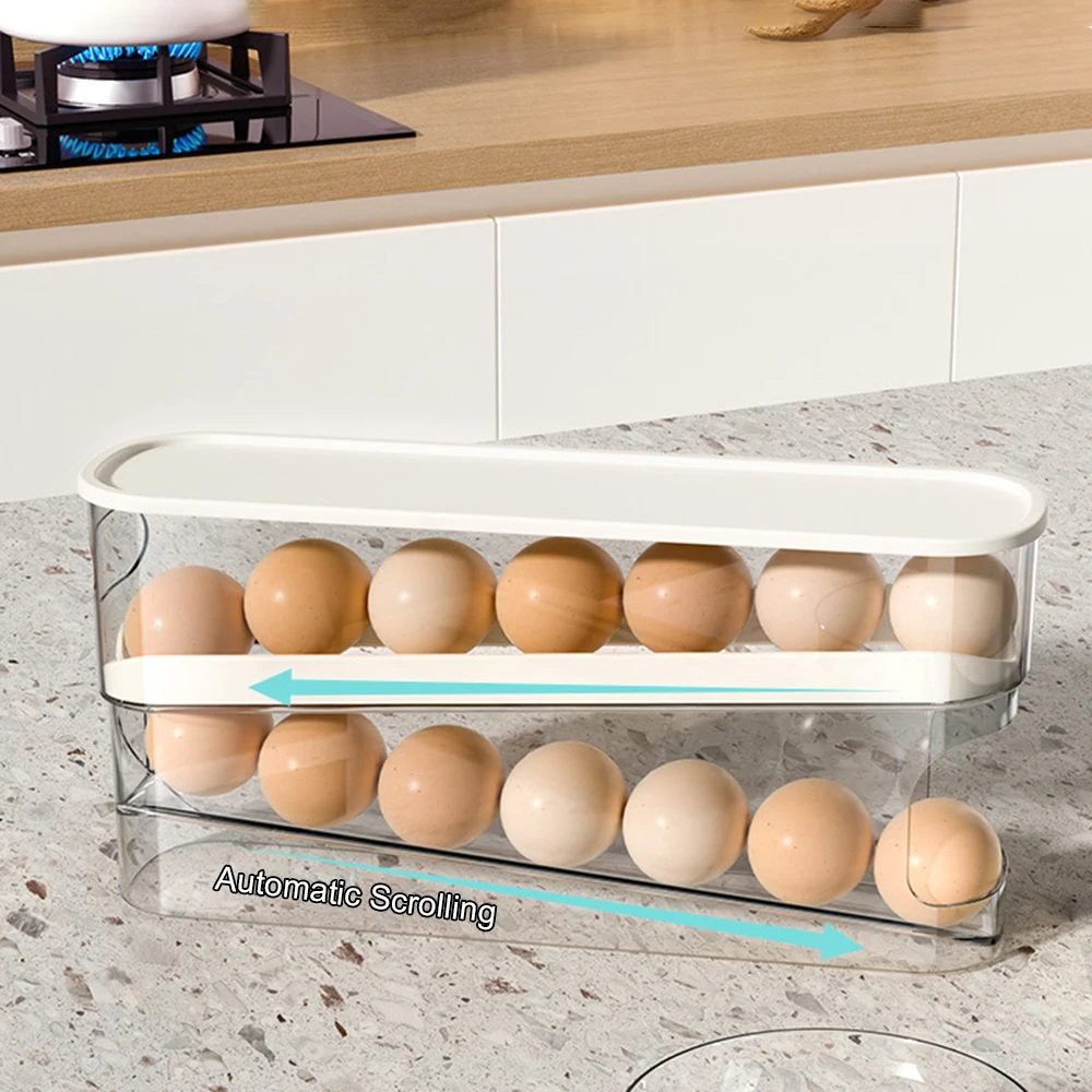 Egg Storage Box Large Capacity Automatic Scrolling Refrigerator Egg Holder Organizer Double Layer Egg Tray Drawer Box Case