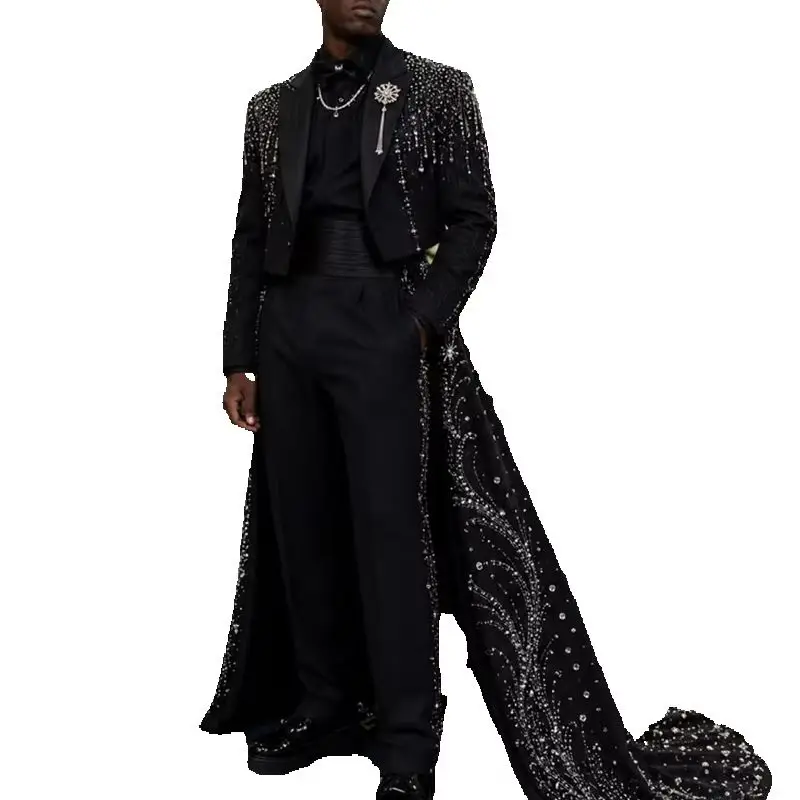 Crystals Black Men Suit Set 2 Pcs Blazer+Pants Trousers Long Train Wedding Tuxedos Coat Customized Formal Office Groom Jacket
