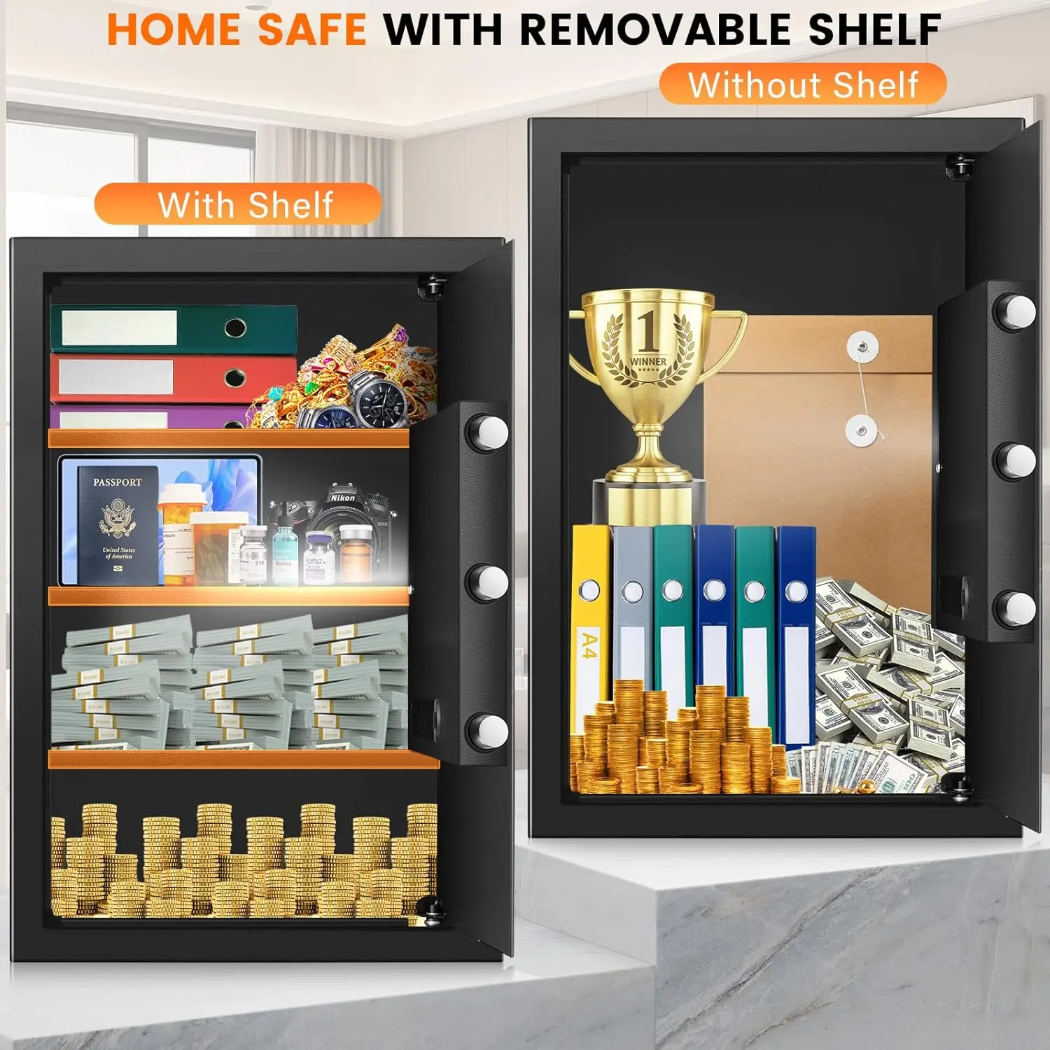 5.2 Cuft Large Fireproof Safe for Home Use, Digital Home Safes Water and Fireproof with Spare Keys and Alarm System, Anti-Theft