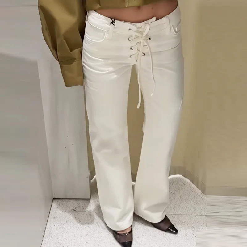 HXAO 2025 pantalons pour femmes pantalon blanc jean femmes nœud à lacets taille moyenne pantalon évasé Chic élégant Denim tenue de bureau femmes pantalon