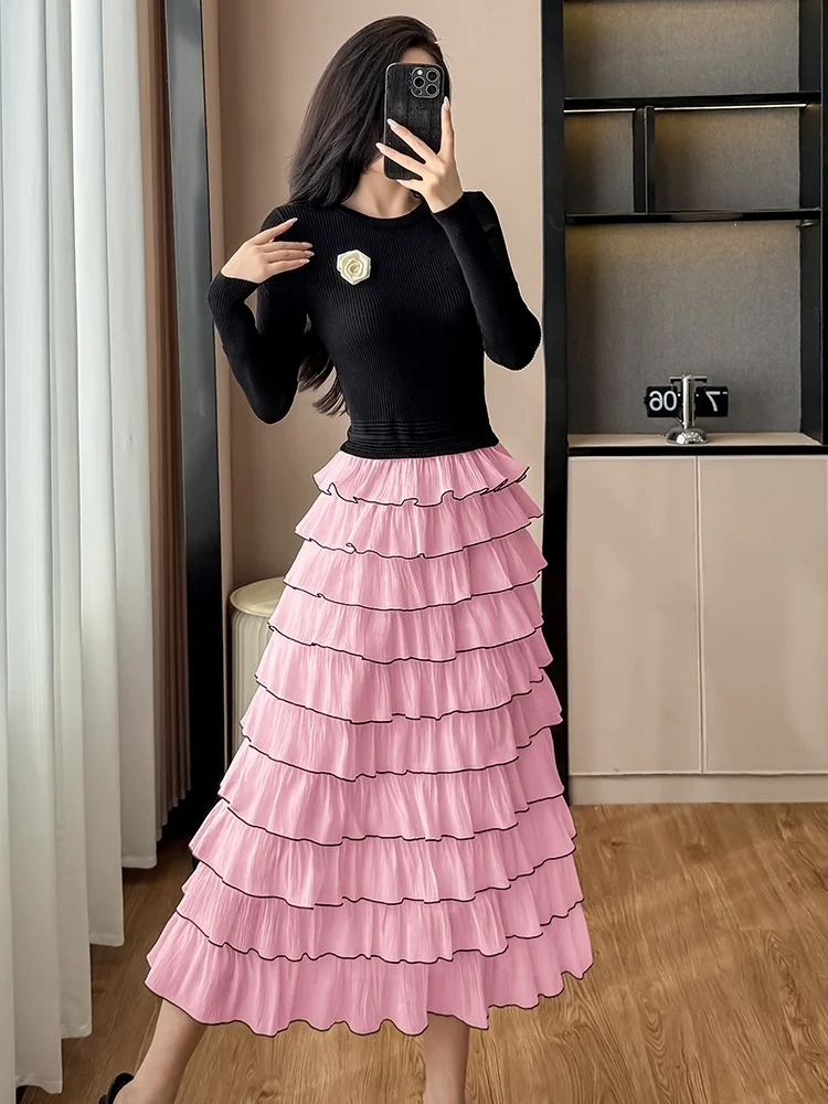 Smthma francês pequeno estilo fragrância vestido de malha preta feminino outono inverno chique dupla camada elegante plissado festa vestidos longos