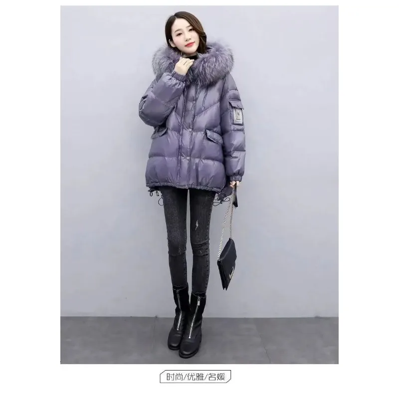 2025 Winter New Warm Down Cotton Jacket With Large Fur collar Hooded Coat Loose Women Thicken Parker Puffer Overcoat Casual wear