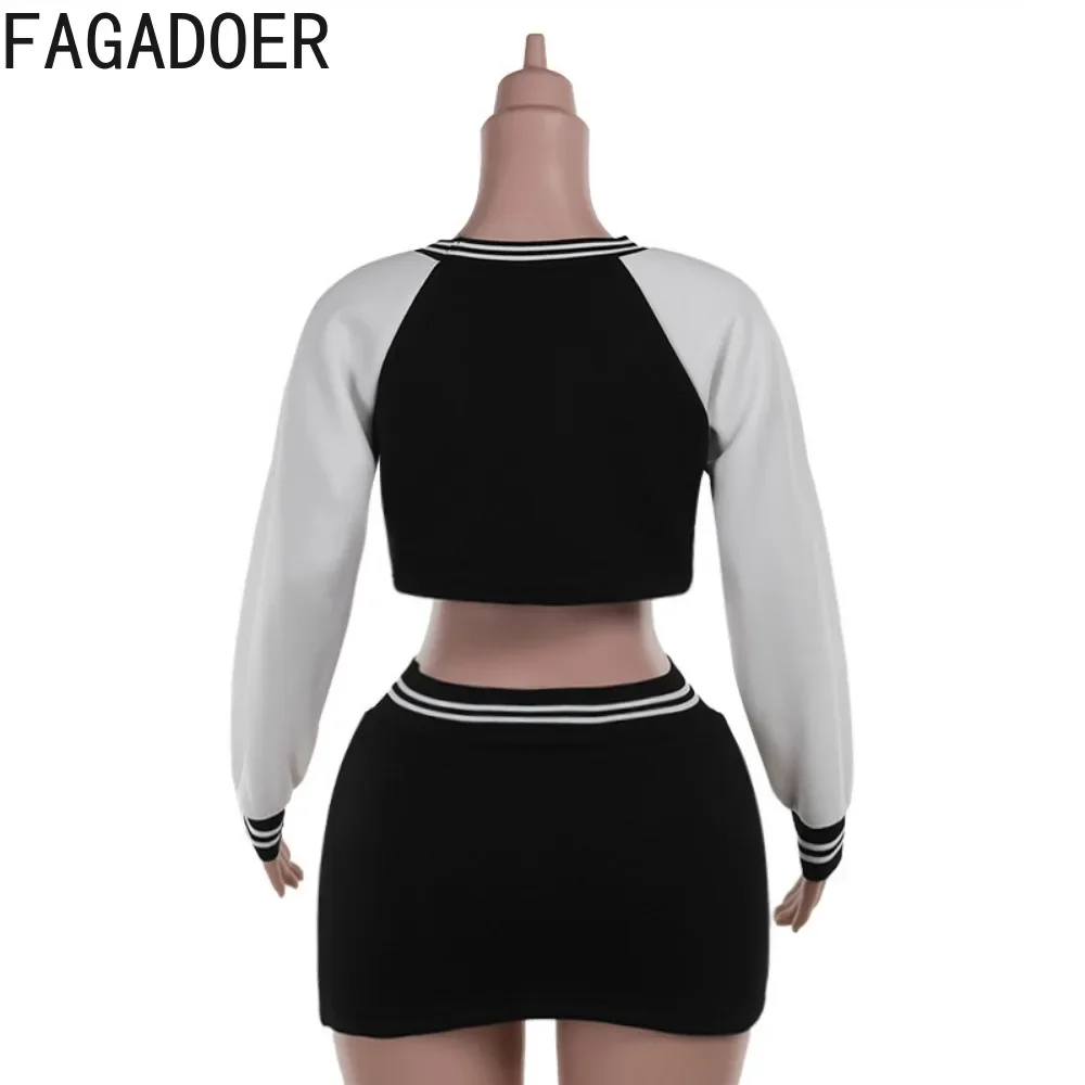 FAGADOER Y2K Letter Print Two Piece Set Outfit Autumn Winter Women Baseball Jacket Top and Mini Skirt Suits Female Streetwear