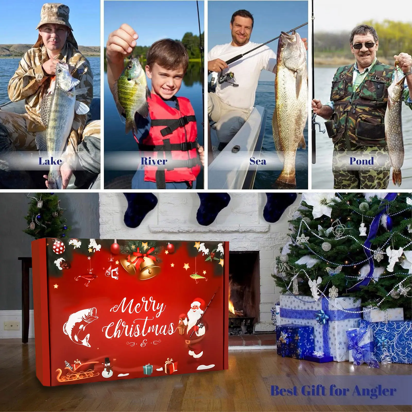 Temporizador de ventilador de baño Calendario de Adviento de pesca 2025 Hombres adultos Adolescentes Niños Cuenta regresiva de Navidad Calendario de Navidad Cuenta regresiva de chocolate