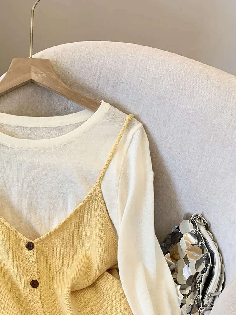 Colete camisola de malha redutora de idade com parte inferior e top de manga comprida, conjunto de duas peças para mulheres primavera/outono nova moda top