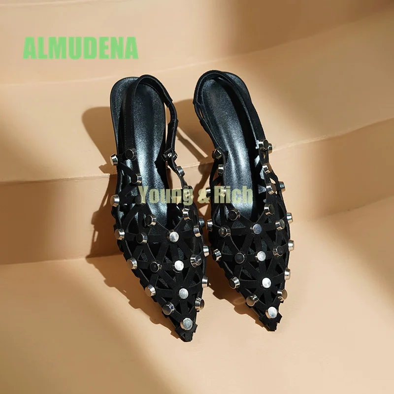 

2025 Summer New Genuine Leather Metal Riveted Headband Sandals for Women Black Fashion High Heels One Word with Holes