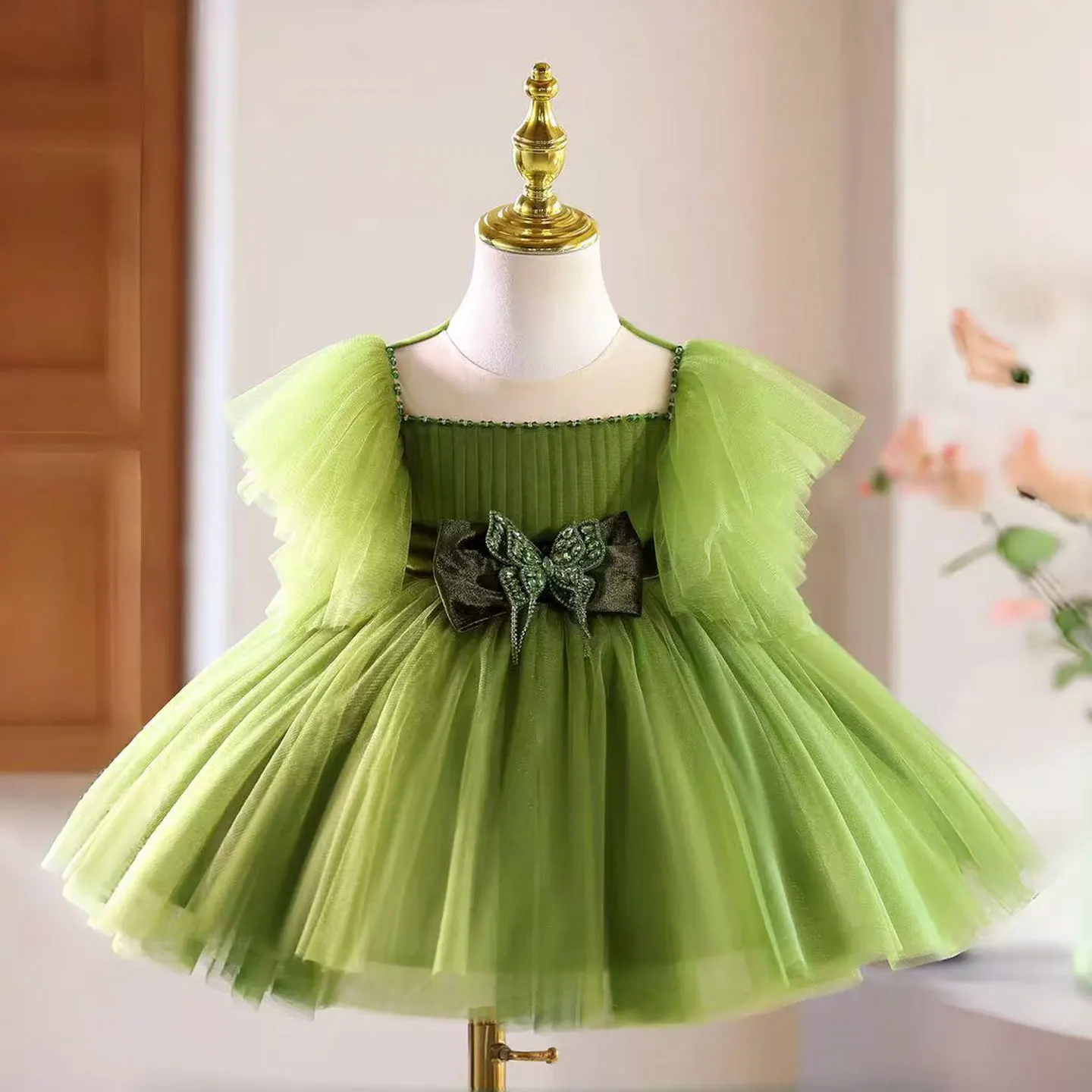 

Dreamy Vow D149 Green Elegant Flower Girl Dress with Bow Knee Length Children Wedding Birthday Holiday Party Pageant Dress