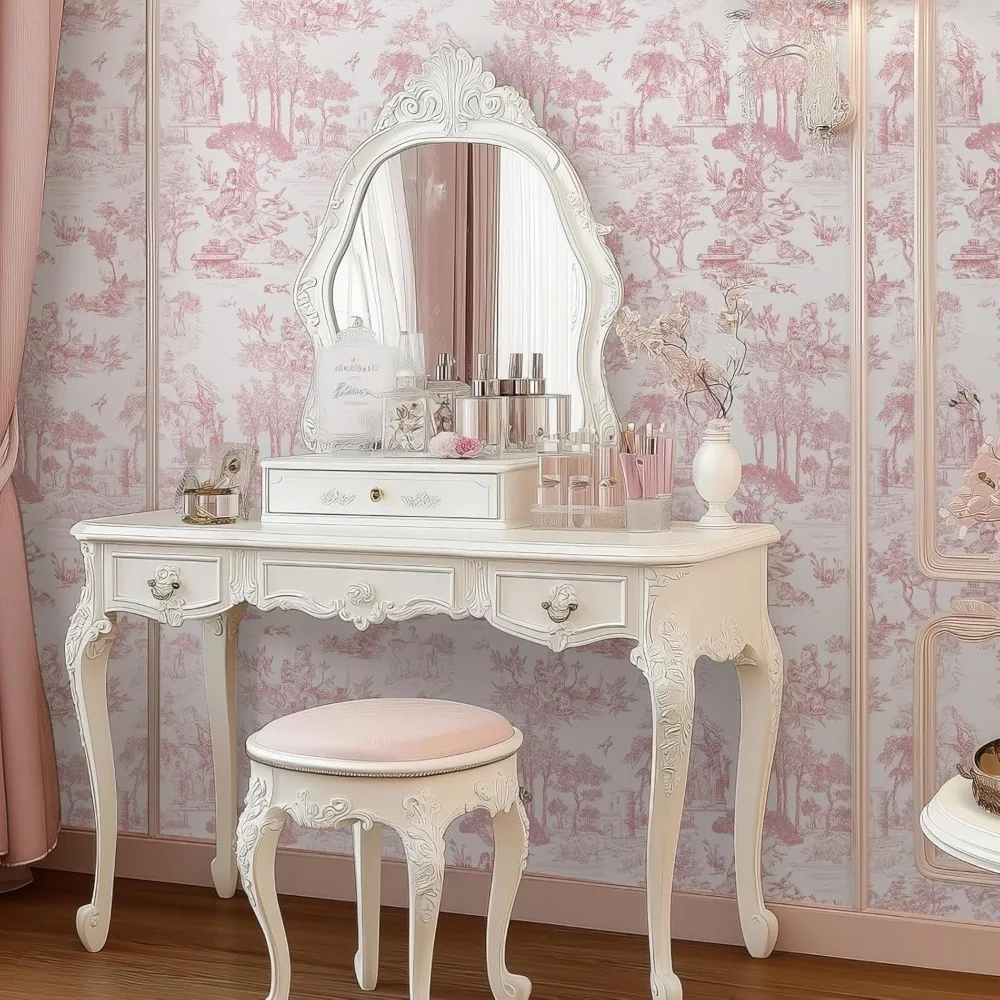 ورق جدران قابل للتقشير واللصق من تويلي فرنسي عتيق، وردي وأبيض، 17.7 × 590، ورق اتصال كلاسيكي للجدران