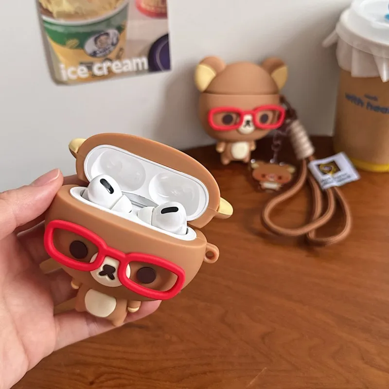 3D Rilakkuma Glasses Bear Silicone AirPods Case with Lanyard & Pendant for AirPods 3 4 Pro Pro 2 Pro3 Shockproof protective case view 3