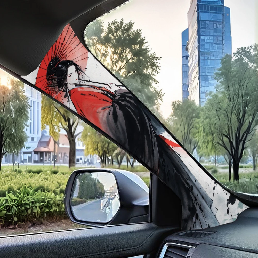 Auto-Innenraum A-Säulen-Modifikationsfolie, Rotes Regenschirm-Frauenmuster, Universell Kompatibel mit Allen Automodellen, Selbstklebend