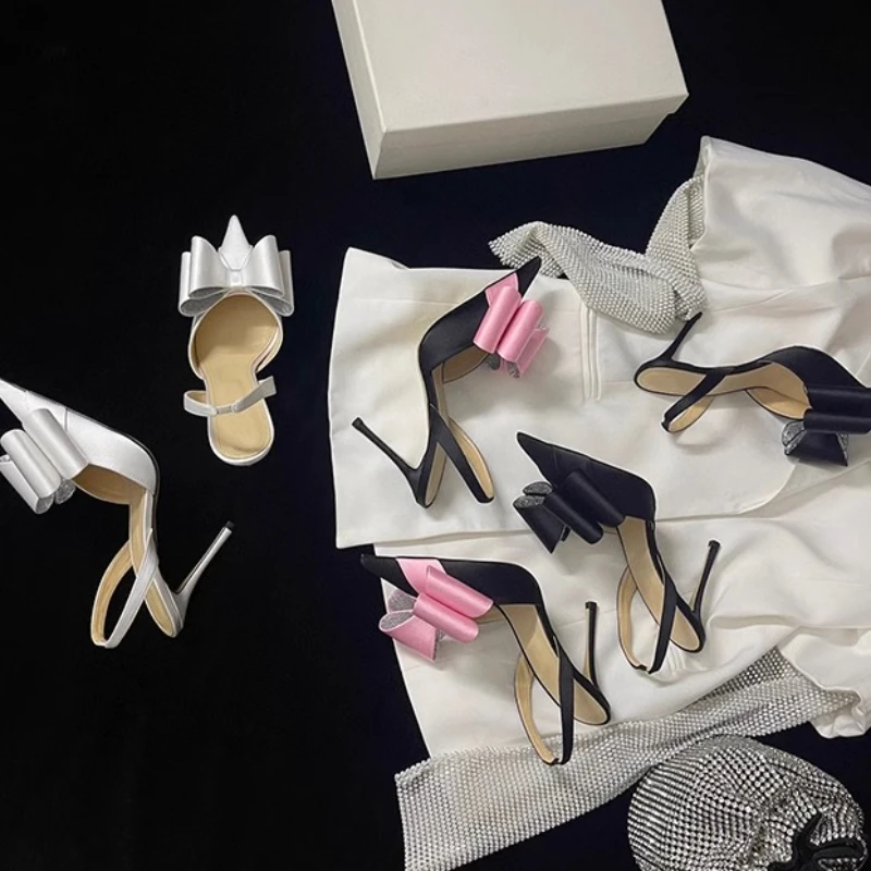 

2025 Rhinestone Bow High Heels French Socialite Pointed Thin Heel Hollow Toe Women Sandals