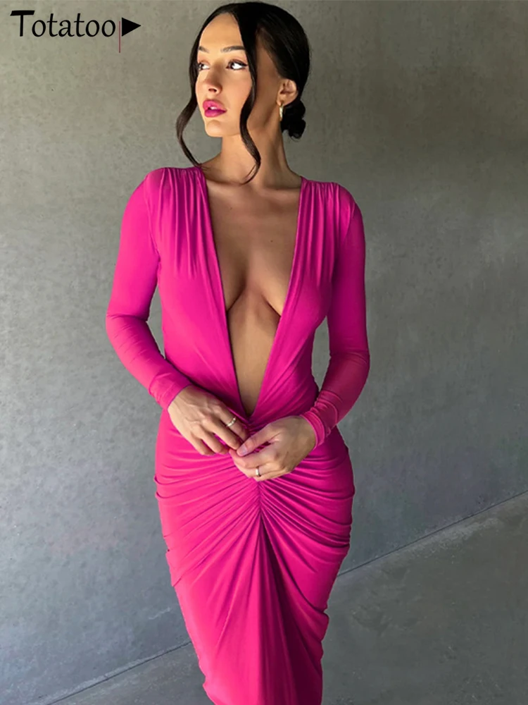 

Totatoop Sexy Deep V Neck Ruched Bandage Long Dress For Women 2023 Summer Long Sleeve Ladies Vintage Party Maxi Dress Outfits