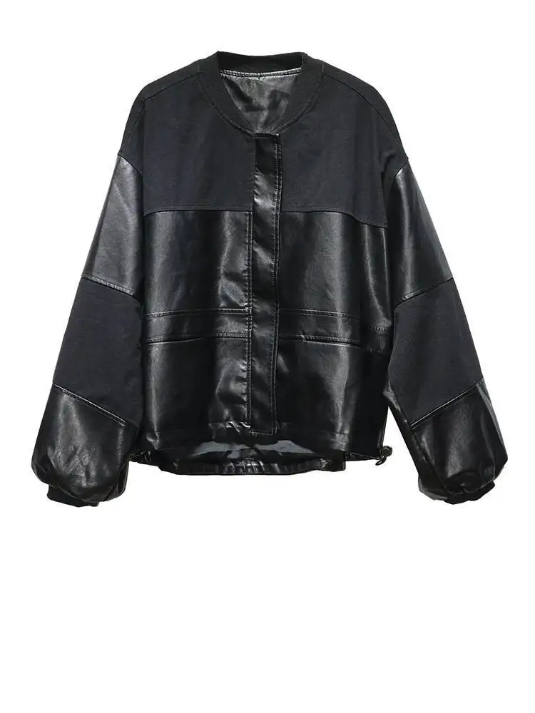 سترة سوداء برباط كبيرة الحجم من جلد البولي يوريثان سترة جديدة بياقة واقفة وأكمام طويلة معطف نسائي موضة المد ربيع الخريف