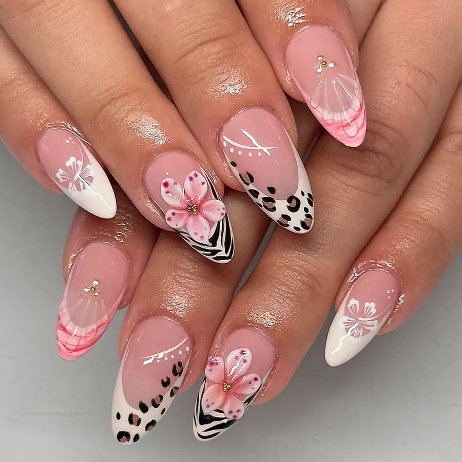 24 Uñas Postizas Largas Almendradas con Diseño de Estrellas y Cristales, Rosadas con Estampado Francés de Leopardo y Negro 2