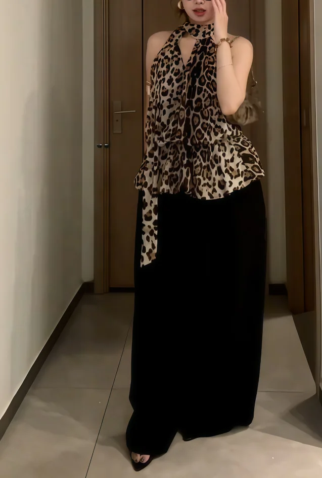 بلوزة رسن بطبعة الفهد للفتيات على الطراز الأمريكي، بلوزة فضفاضة مثيرة بدون ظهر للسيدات صيفية عصرية #3