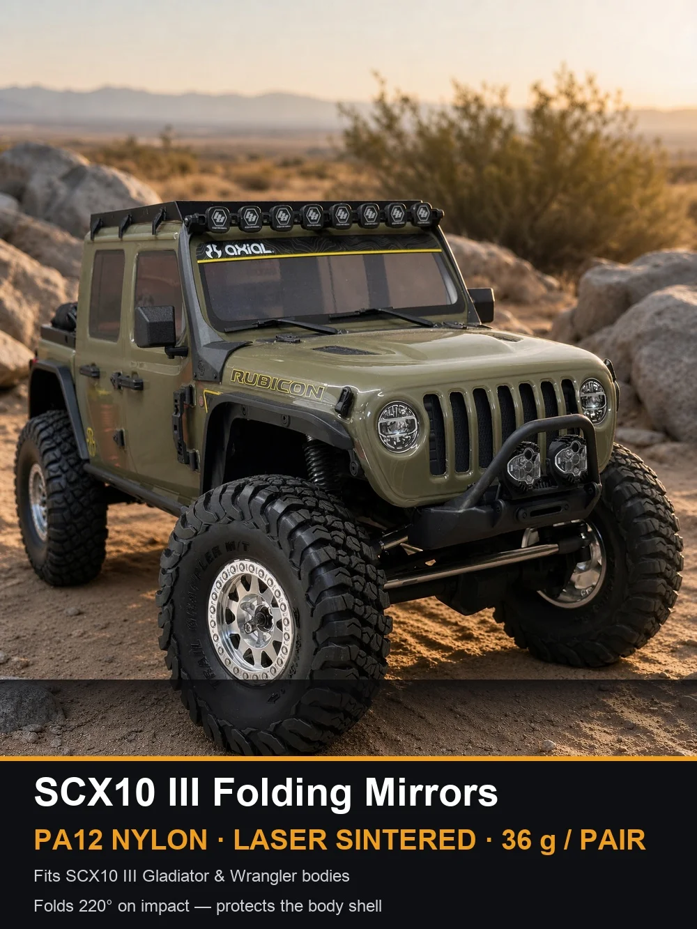 Folding Side Mirrors for SCX10 III Gladiator & Wrangler Bodies, PA12 Nylon Scale Mirror Pair 220° Swing w/ Mirror Film, Bolt-On