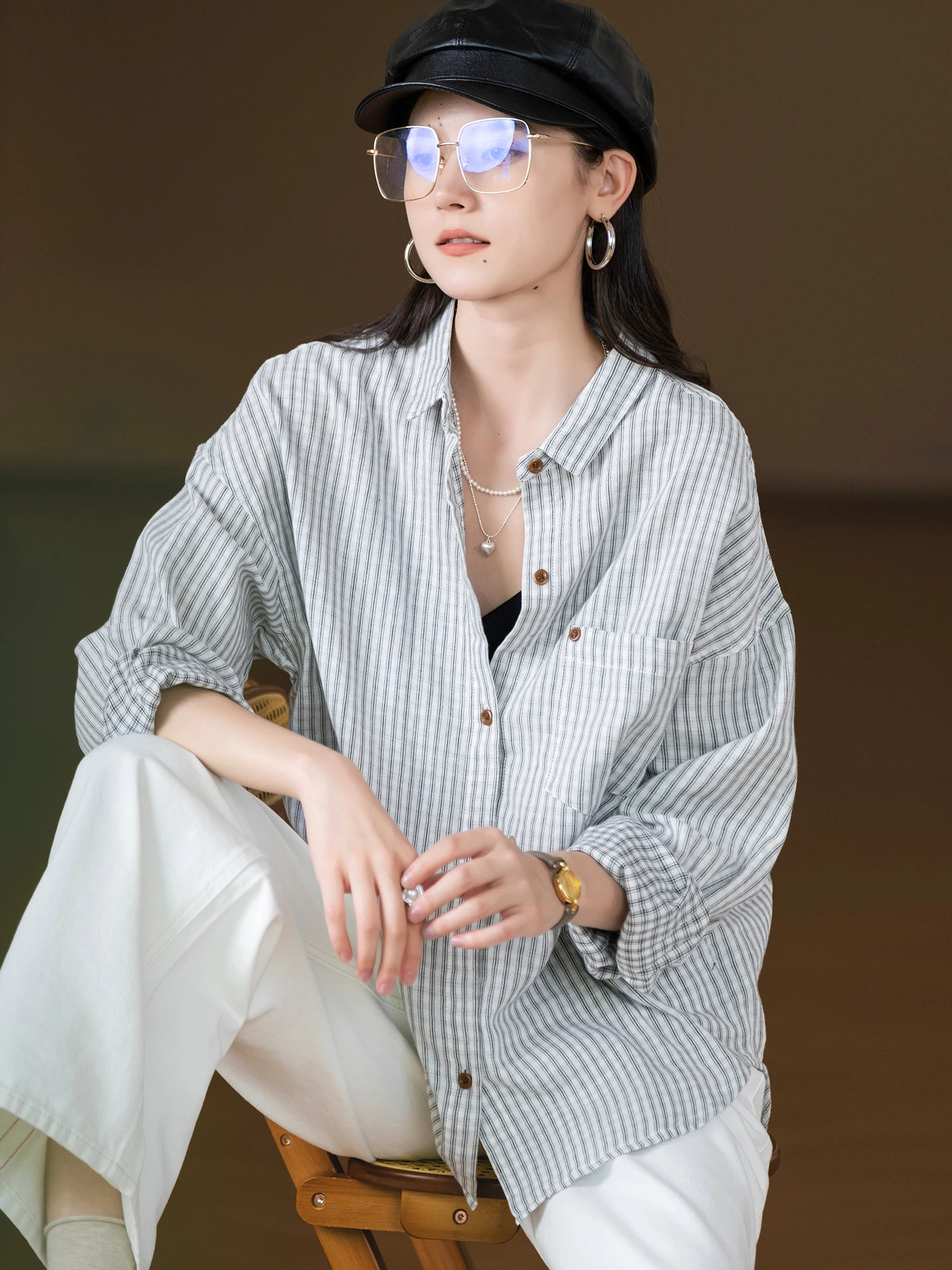 

Artistic Sle Long Sve Women's irt Cotton Twill Stripe Double-sided Different Color Weaving Full Cotton Striped Vintage...