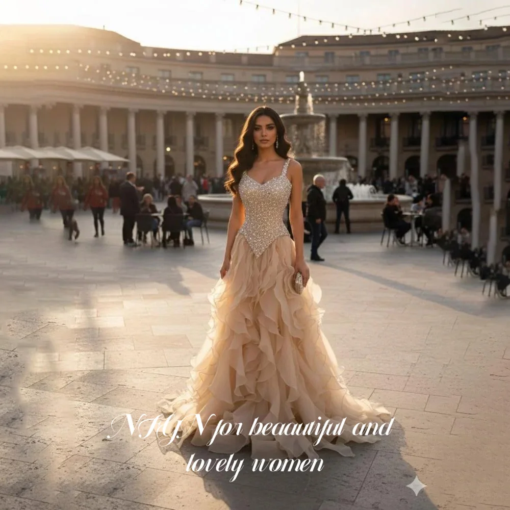 

NFYN Champagne Evening Gown Spaghetti Strap Sleeveless Prom Dresses A Line Wedding Evening Dress robes de soirée Customized
