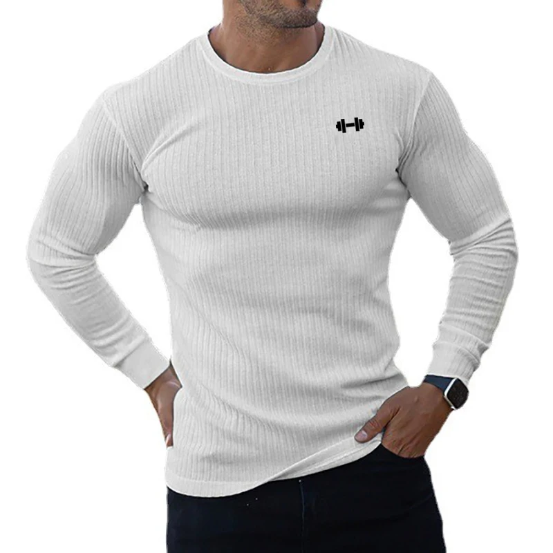 Prendas de punto ajustadas a rayas con cuello redondo para hombre, jersey ajustado para culturismo y Fitness, estampado gris, ropa informal para hombre musculoso para Otoño e Invierno