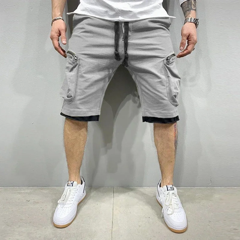 Calça de moletom solta masculina, calças curtas para corrida, streetwear esportivo de fitness, bolso múltiplo, novidade verão,